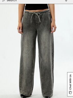 Women's Wide-Leg Washed Black Jeans with Drawstring Waist